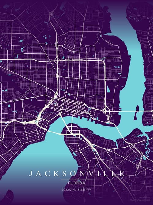 Jacksonville map art print in Deep Plum — minimalist city map poster