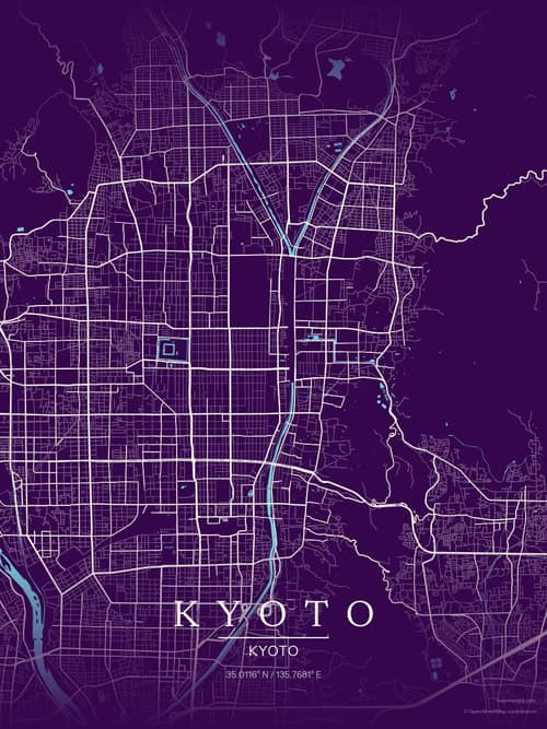 Kyoto map art print in Deep Plum — minimalist city map poster