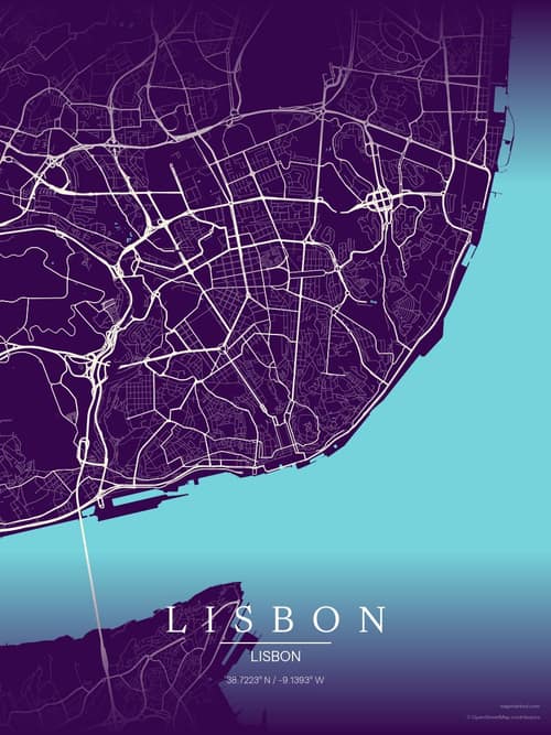 Lisbon map art print in Deep Plum — minimalist city map poster