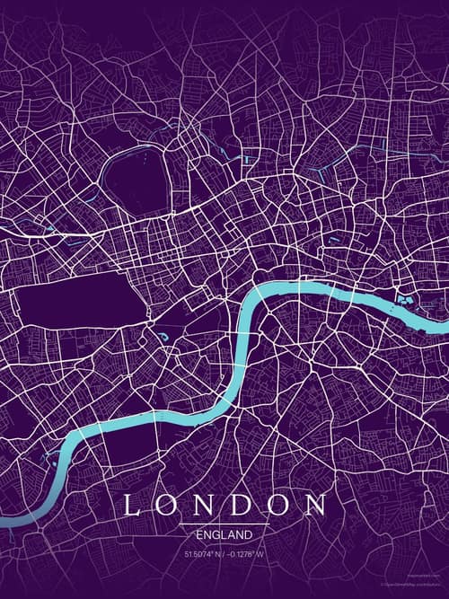 London map art print in Deep Plum — minimalist city map poster