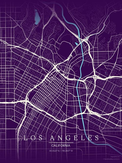 Los Angeles map art print in Deep Plum — minimalist city map poster