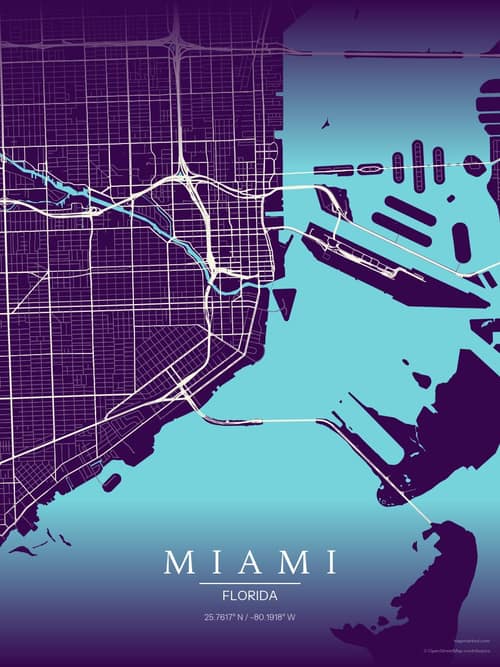 Miami map art print in Deep Plum — minimalist city map poster