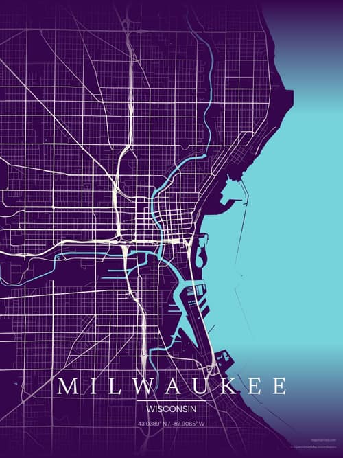Milwaukee map art print in Deep Plum — minimalist city map poster