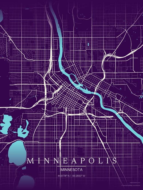 Minneapolis map art print in Deep Plum — minimalist city map poster