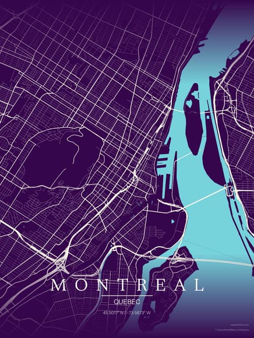 Montreal map art print in Deep Plum — minimalist city map poster