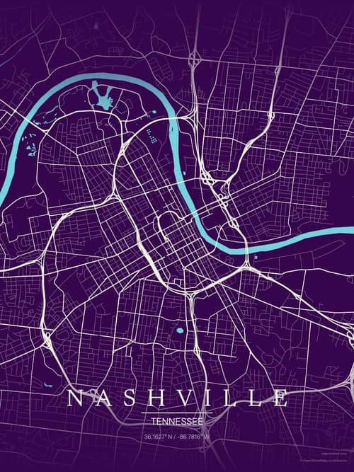 Nashville map art print in Deep Plum — minimalist city map poster