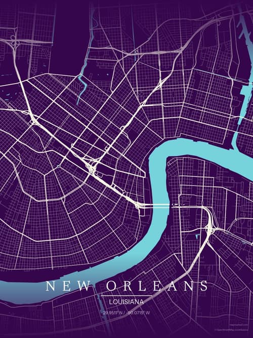New Orleans map art print in Deep Plum — minimalist city map poster