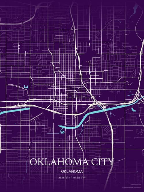 Oklahoma City map art print in Deep Plum — minimalist city map poster