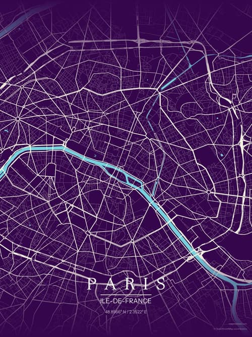 Paris map art print in Deep Plum — minimalist city map poster