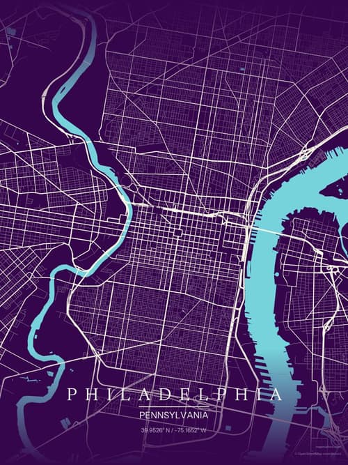 Philadelphia map art print in Deep Plum — minimalist city map poster