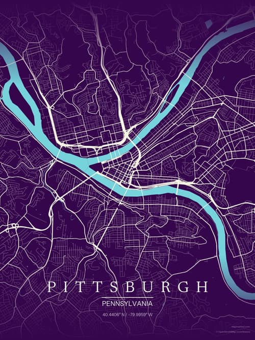 Pittsburgh map art print in Deep Plum — minimalist city map poster