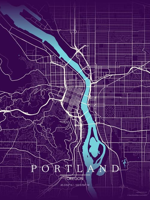 Portland map art print in Deep Plum — minimalist city map poster