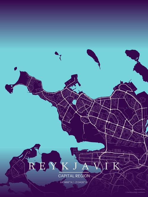 Reykjavik map art print in Deep Plum — minimalist city map poster