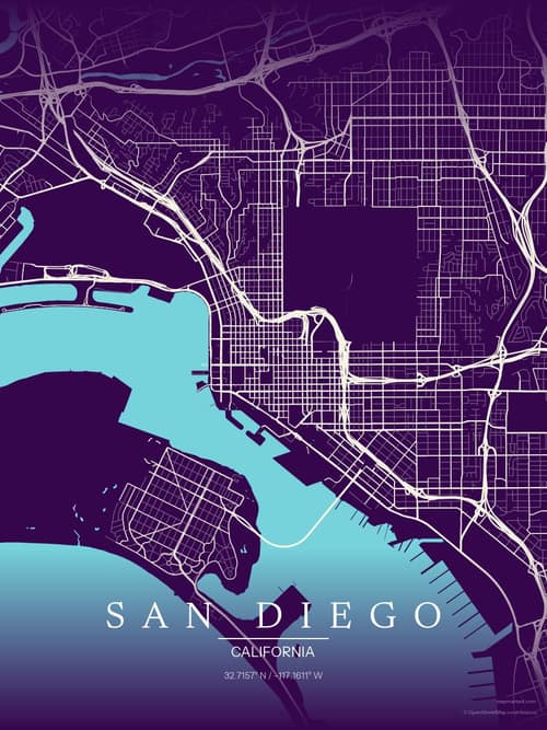 San Diego map art print in Deep Plum — minimalist city map poster