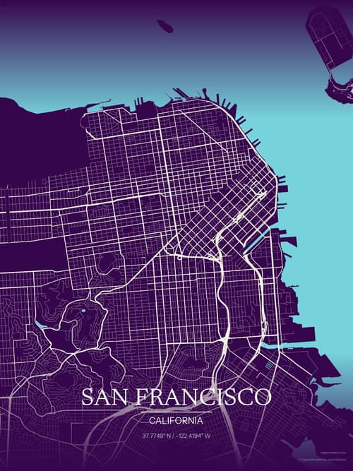San Francisco map art print in Deep Plum — minimalist city map poster