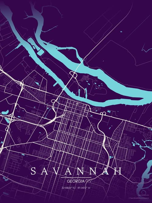 Savannah map art print in Deep Plum — minimalist city map poster