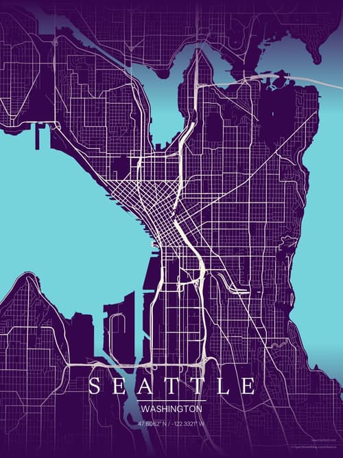 Seattle map art print in Deep Plum — minimalist city map poster