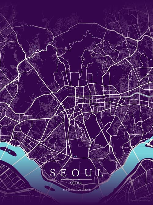 Seoul map art print in Deep Plum — minimalist city map poster