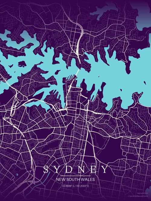 Sydney map art print in Deep Plum — minimalist city map poster