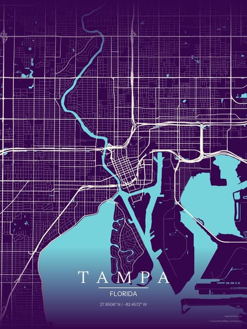 Tampa map art print in Deep Plum — minimalist city map poster