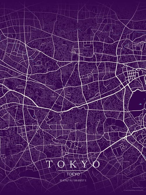 Tokyo map art print in Deep Plum — minimalist city map poster