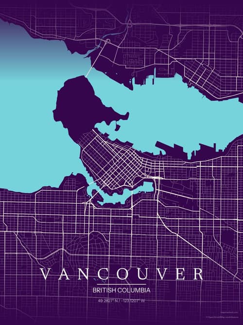 Vancouver map art print in Deep Plum — minimalist city map poster
