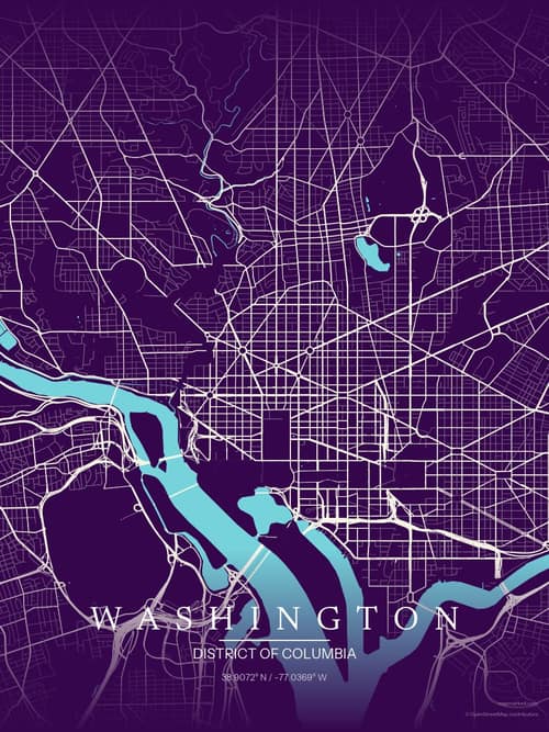 Washington map art print in Deep Plum — minimalist city map poster